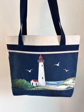 Canvas Navy & Cream Zip Small Boat Tote Bag Hand Painted Coastal Nautical Scene